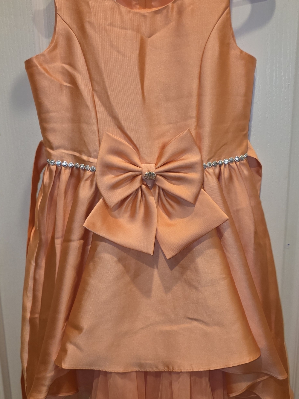 Bonnie Jean Peach Satin Bow Dress with Rhinestone Trim